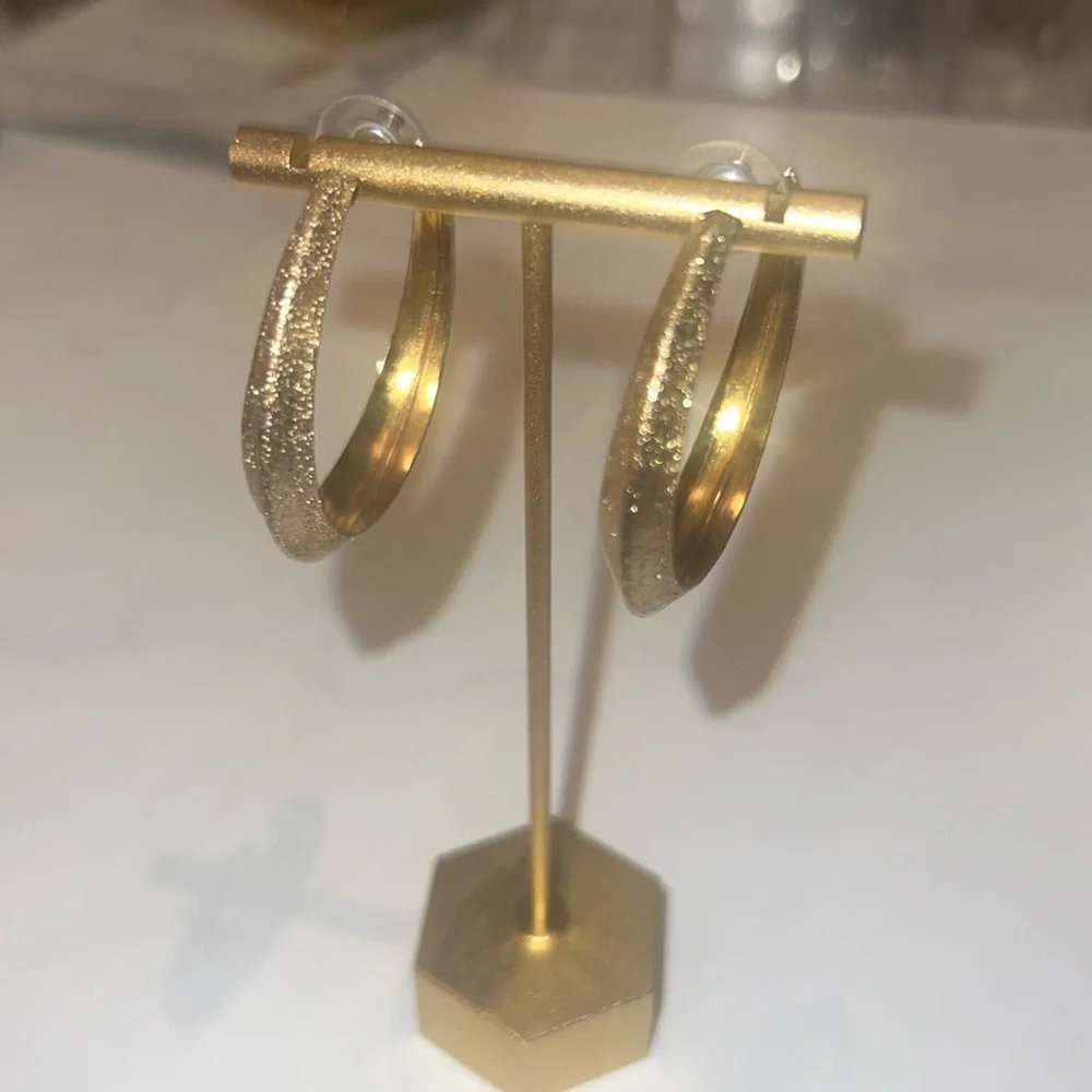 Gold sparkle textured hoops stud backing earrings open hoop 1.75” womens jewelry